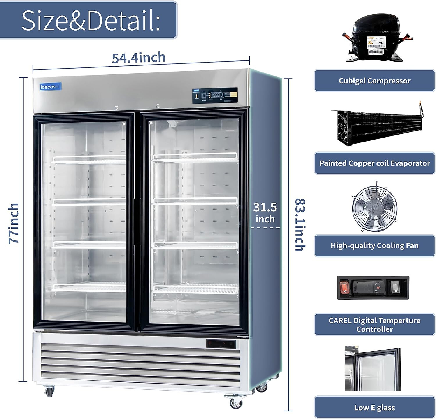 54″ Commercial Glass Door Refrigerator, 2 Door Reach-In Merchandiser 49 Cu.ft