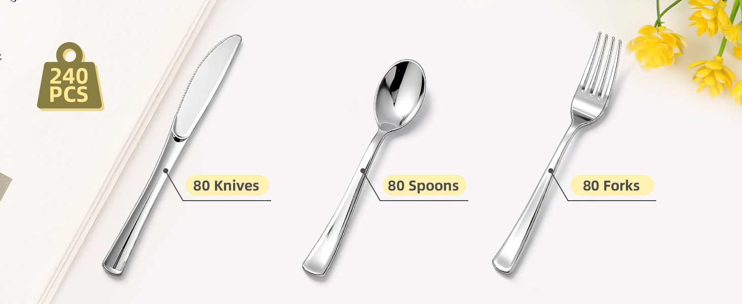 240PCS Sliver Plastic Silverware, Sliver Plastic Cutlery Set Disposable Flatware