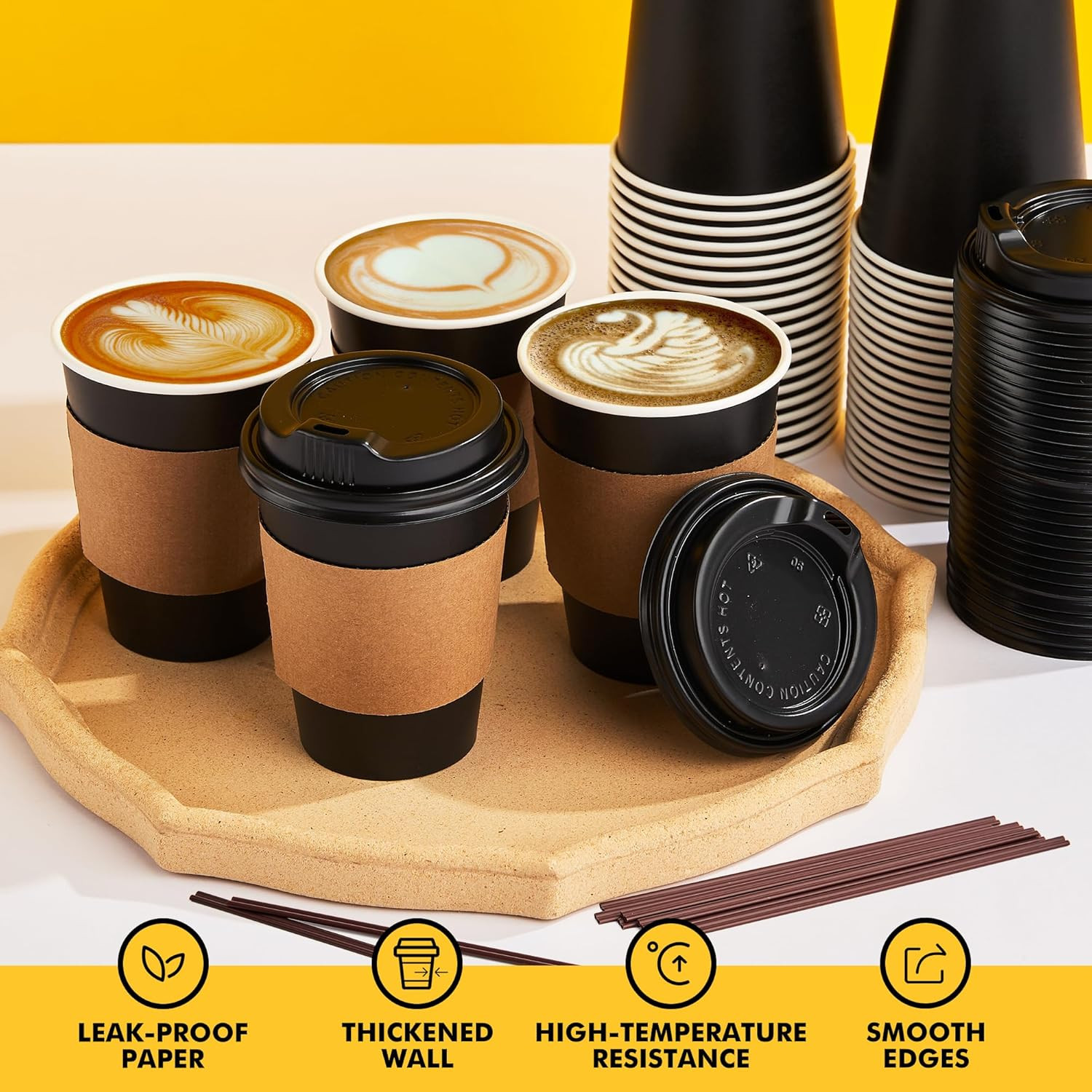 12 Oz Disposable Black Coffee Cups with Lids and Sleeves, 100 Pack