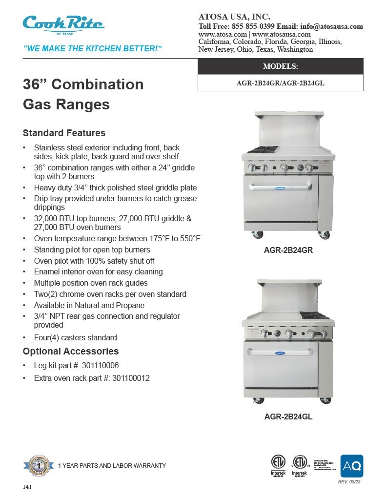 Atosa AGR-2B24GR-NG 36″ Range 2 BURNERS 24″ GRIDDLE OVEN NAT GAS