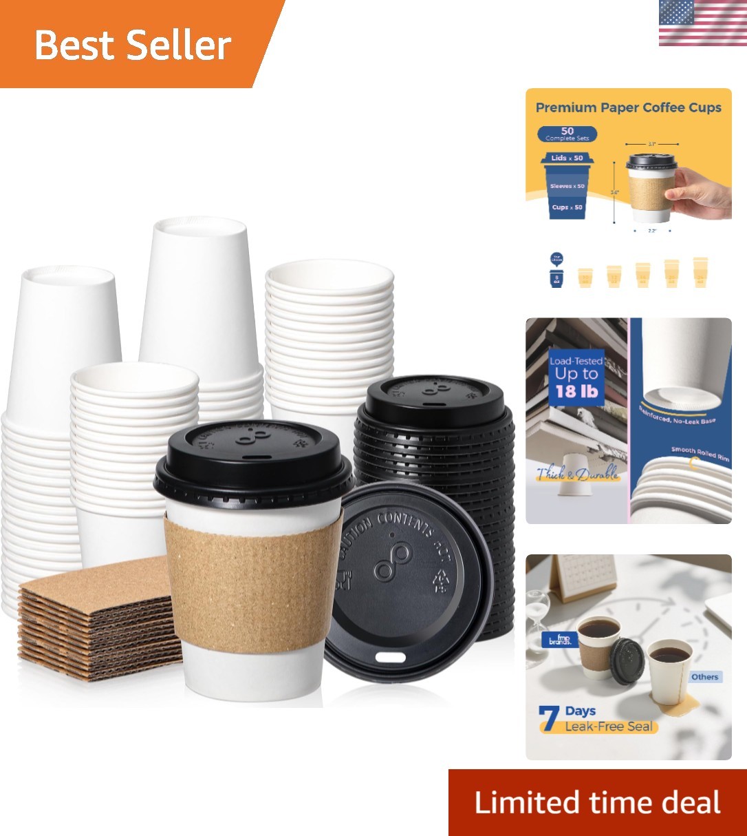 50-Pack 8 oz Disposable Coffee Cups with Lids & Sleeves – Leak-Proof