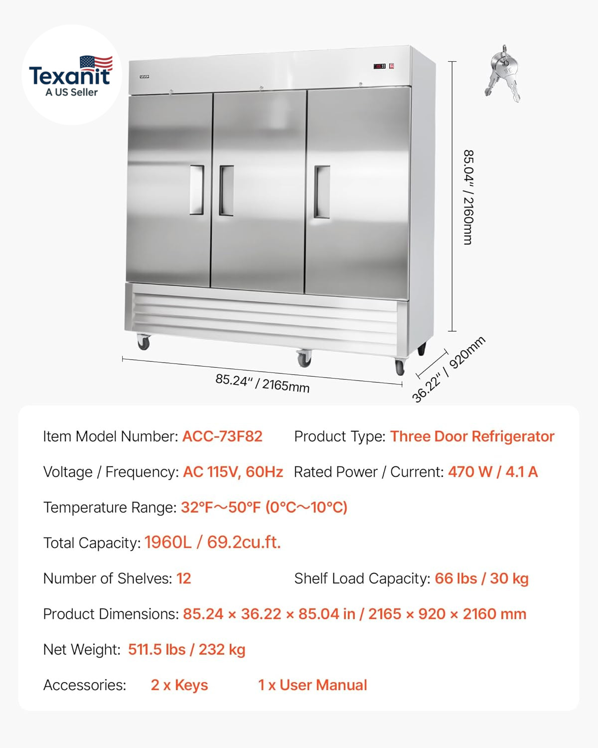Commercial Reach-In Refrigerator 85″ W, 69 Cu.Ft Stainless Steel Upright Refrige
