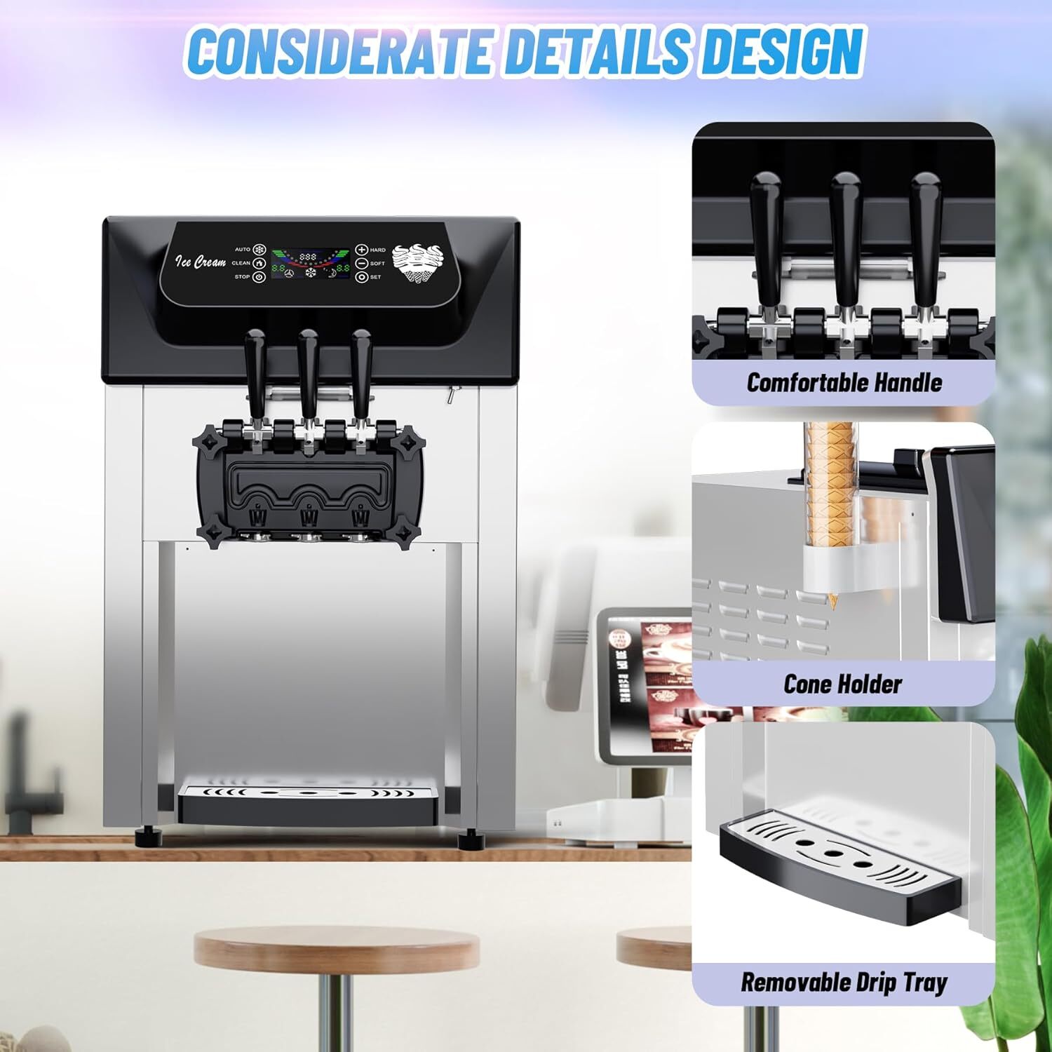 Commercial 2+1 Flavors Soft Ice Cream Maker 5.3-7.4 Gal/Hr W/ Automatic Cleaning