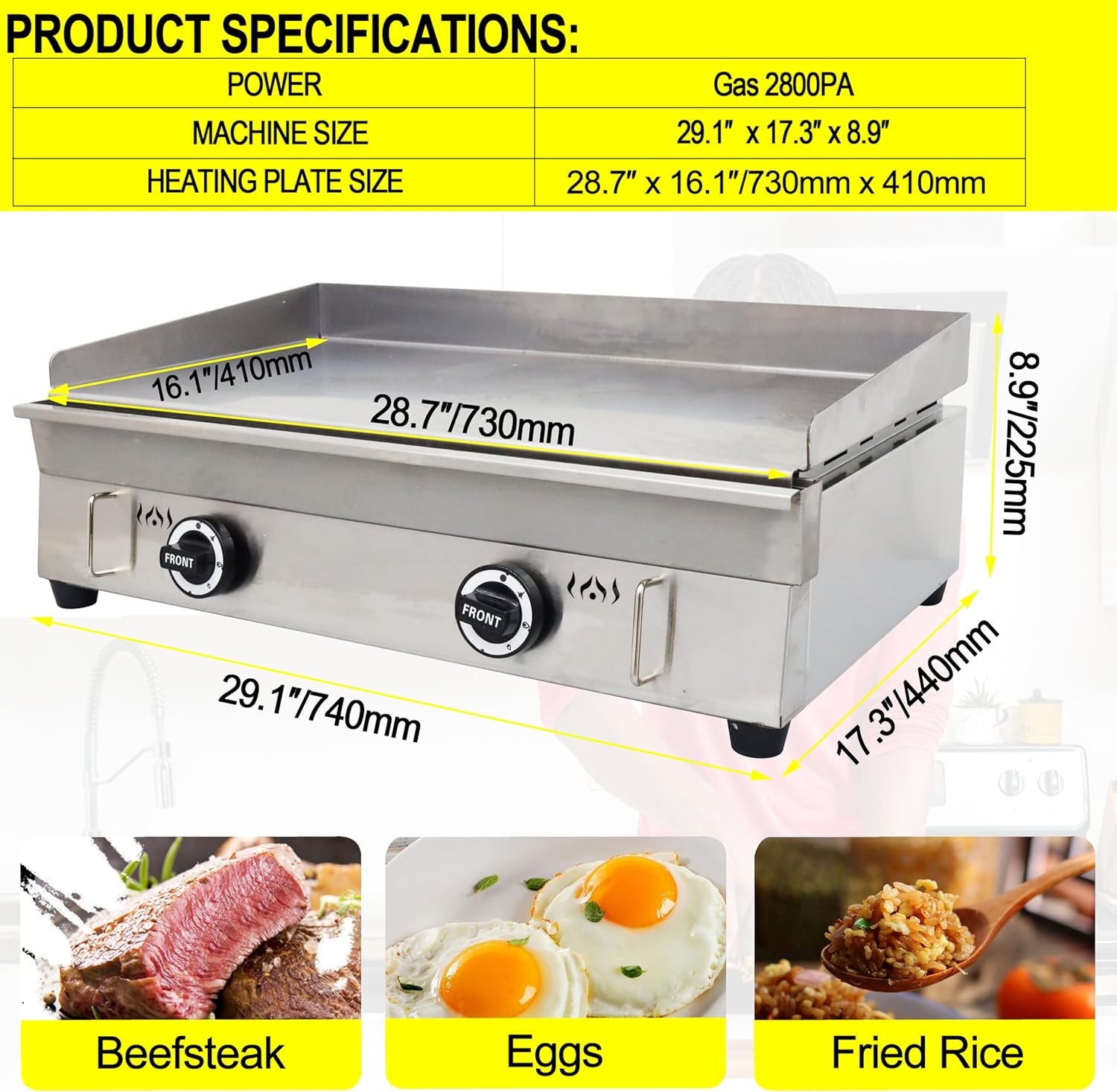 28.94×16.14 in LPG Gas Countertop Flat Top Griddle Stainless Steel Griddle Grill