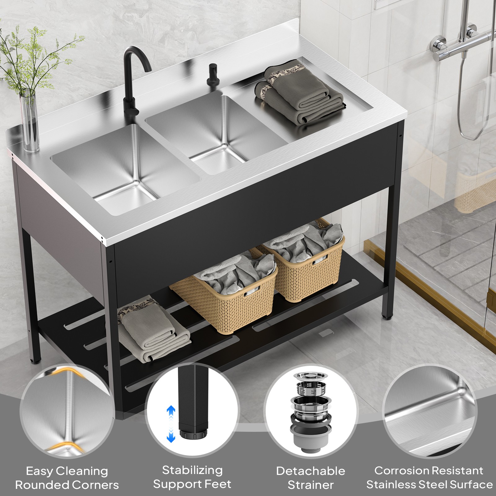 Heavy-Duty Stainless Steel Double Bowl Utility Sink, 47.5″D x 24″W x 38.9″H New