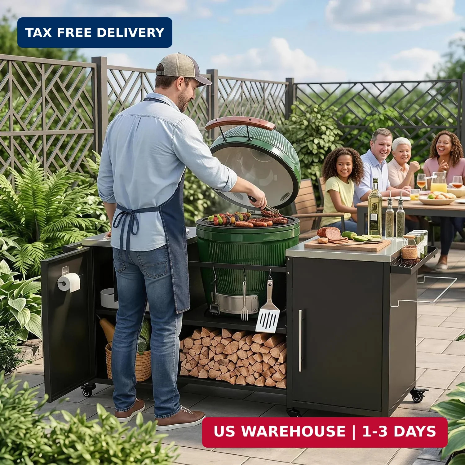 Outdoor Grill Cart for Big Green Egg, Grill Table Suitable for Various Sizes of
