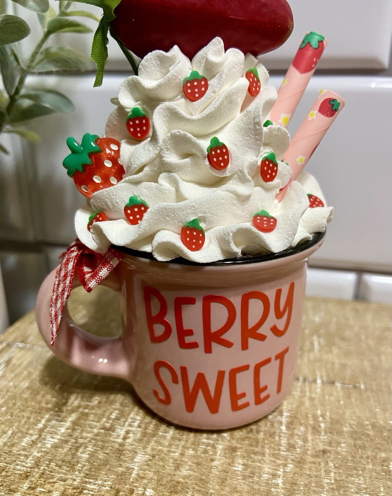 Cute STRAWBERRY Mini Ceramic Mug Faux Fake Whipped Cream Tiered Tray Decor 4.55″