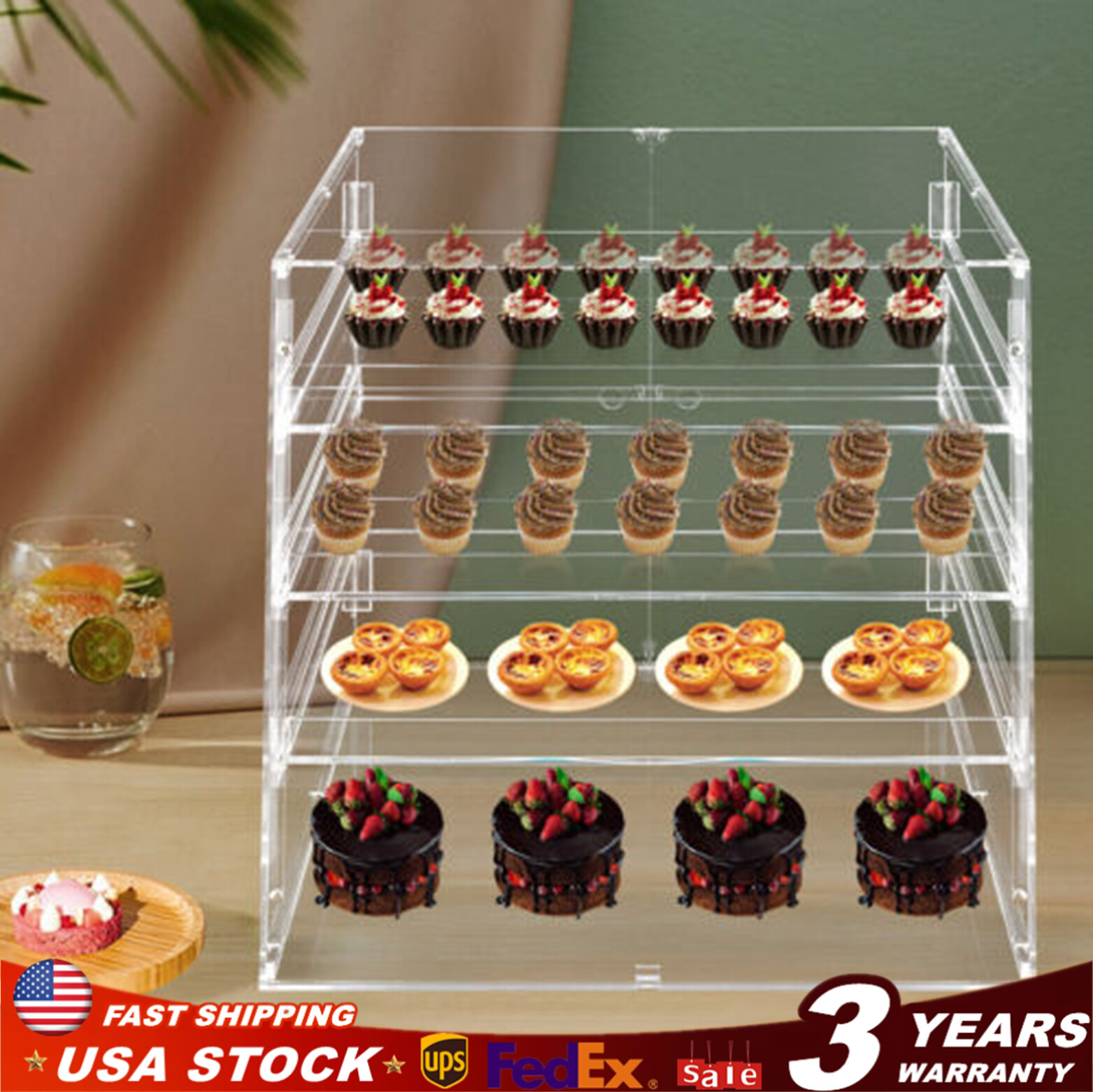 4-Tier Acrylic Bakery Display Case Countertop Donut Pastry Show Case Front Door