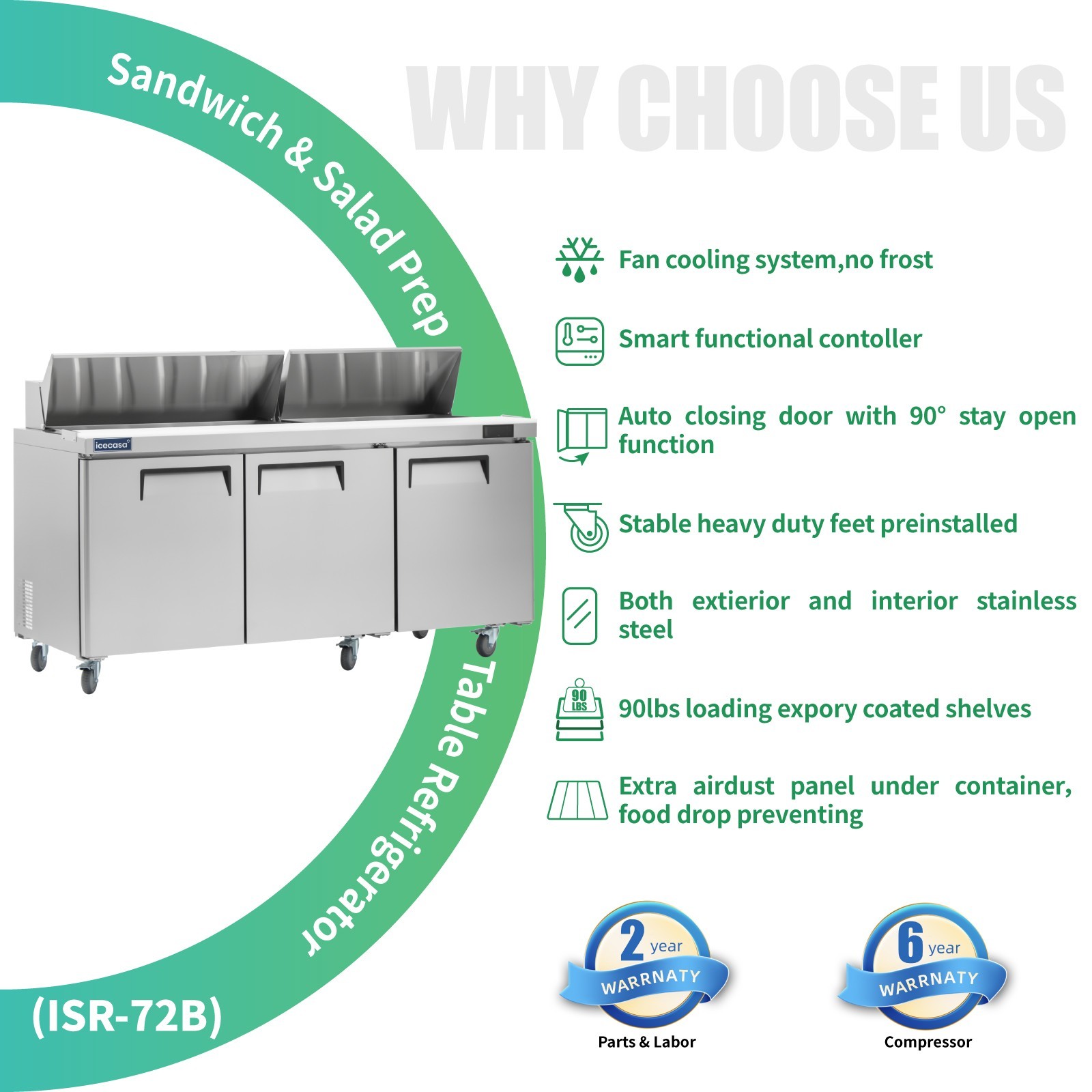 72″ Sandwich Prep Table Fridge, ICECASA 3 Door Food Bain Marie Cooler, 18 Pans