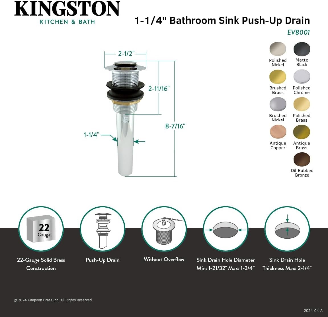 EV8003 Push Pop-Up Drain without Overflow Hole, 22 Gauge, Antique Brass