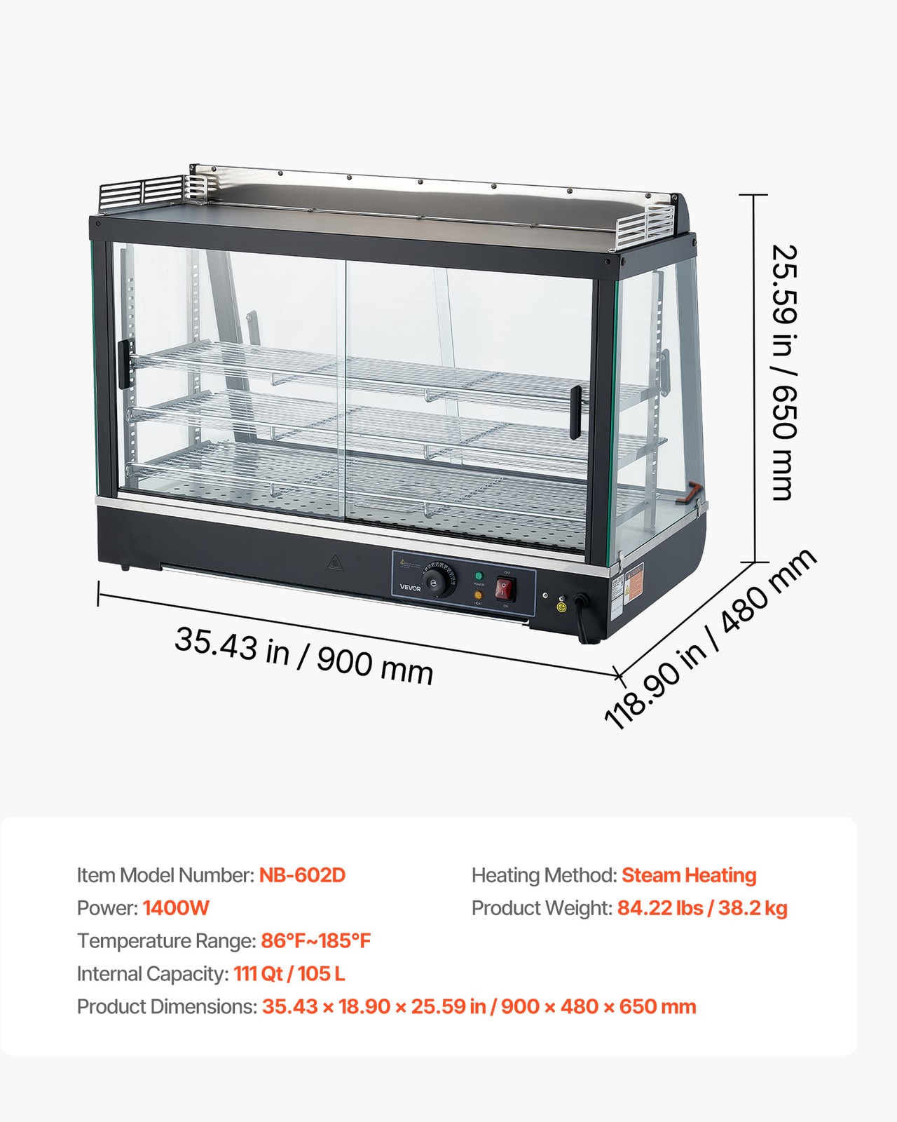 VEVOR 3-Tier Commercial Food Warmer Display Pizza Cabinet 105L with LED Light
