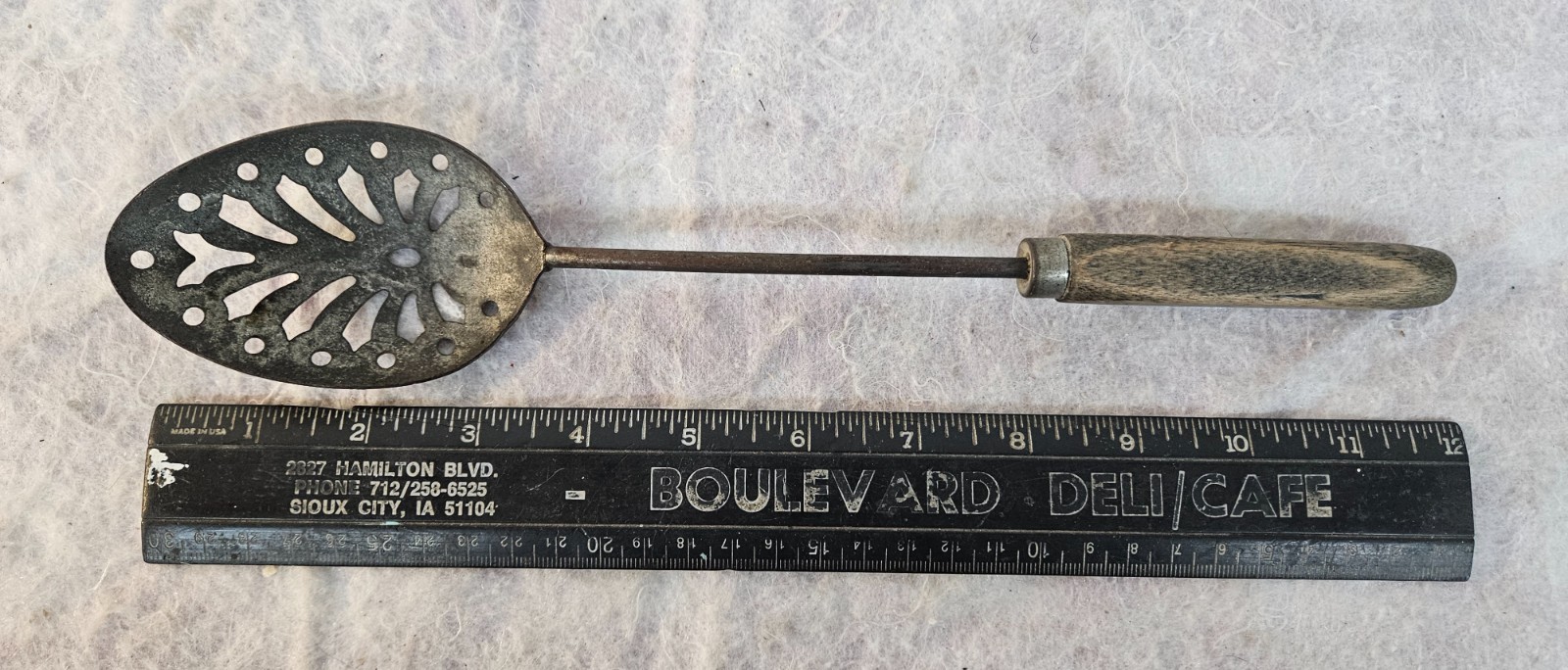 Vintage maybe Antique Slotted 12″ Serving Spoon w Patina Great FARMHOUSE DECOR!