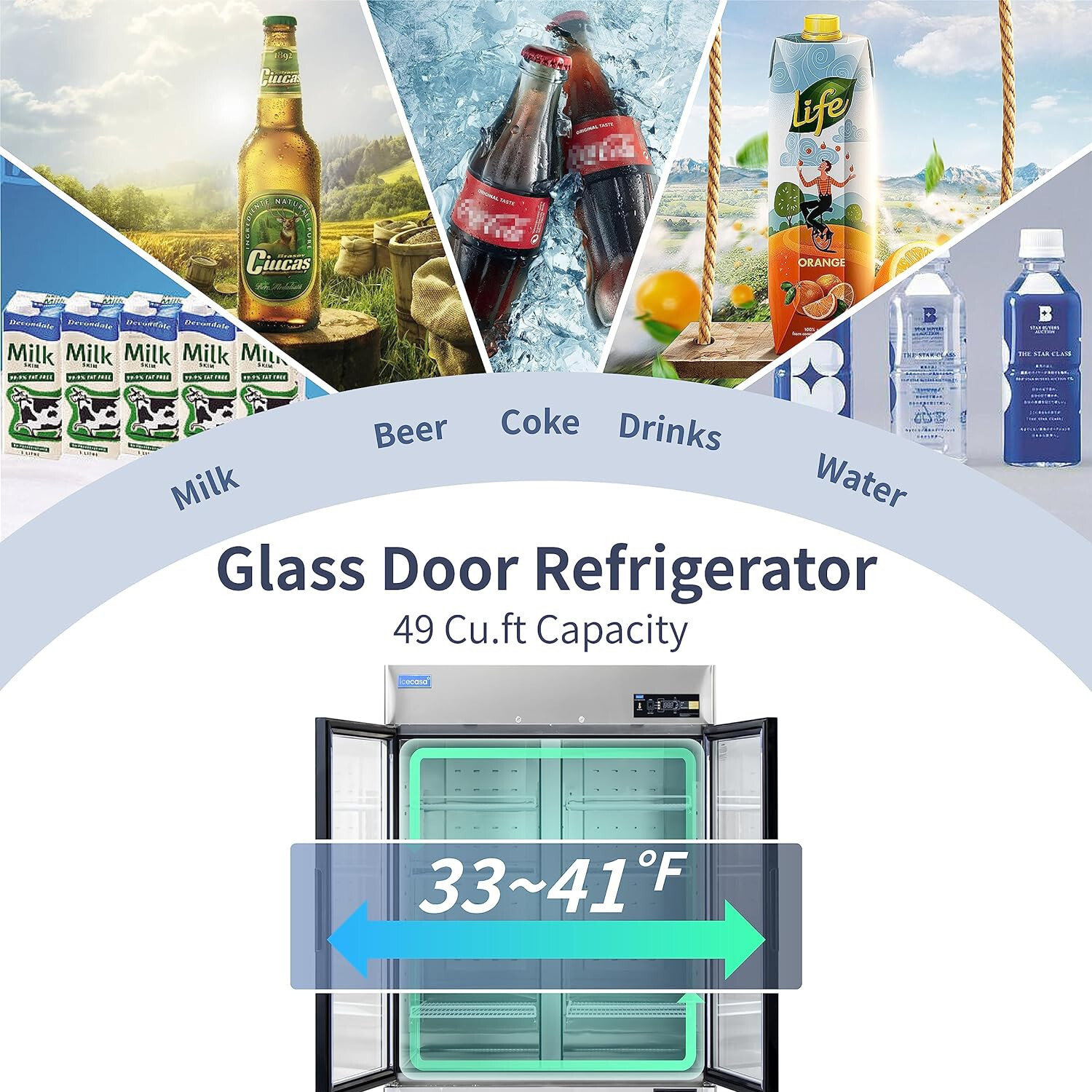 54″ Commercial Glass Door Refrigerator, 2 Door Reach-In Merchandiser 49 Cu.ft