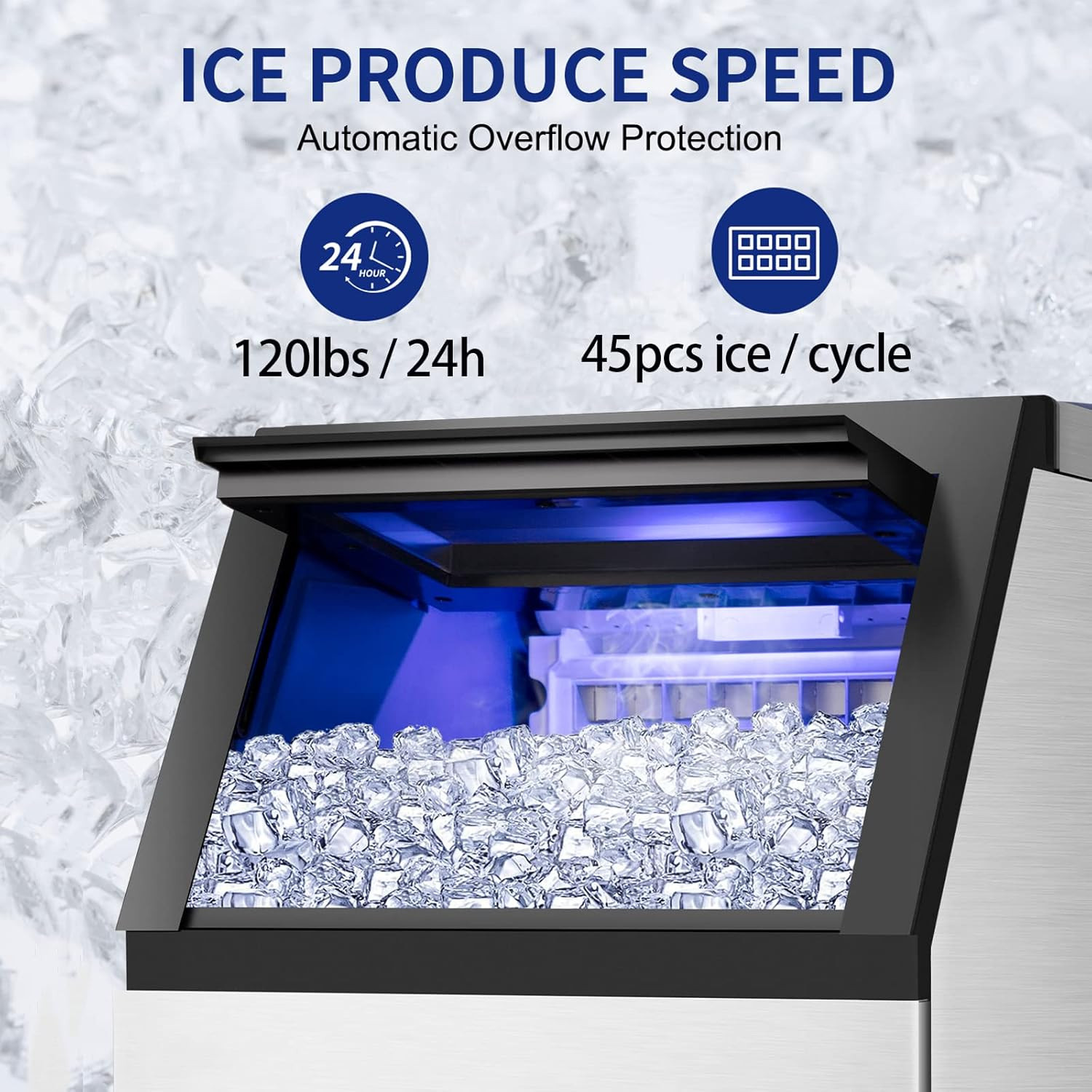Commercial Ice Maker Machine 120Lbs/24H with 35Lbs Ice Capacity, 45Pcs Clear Ice