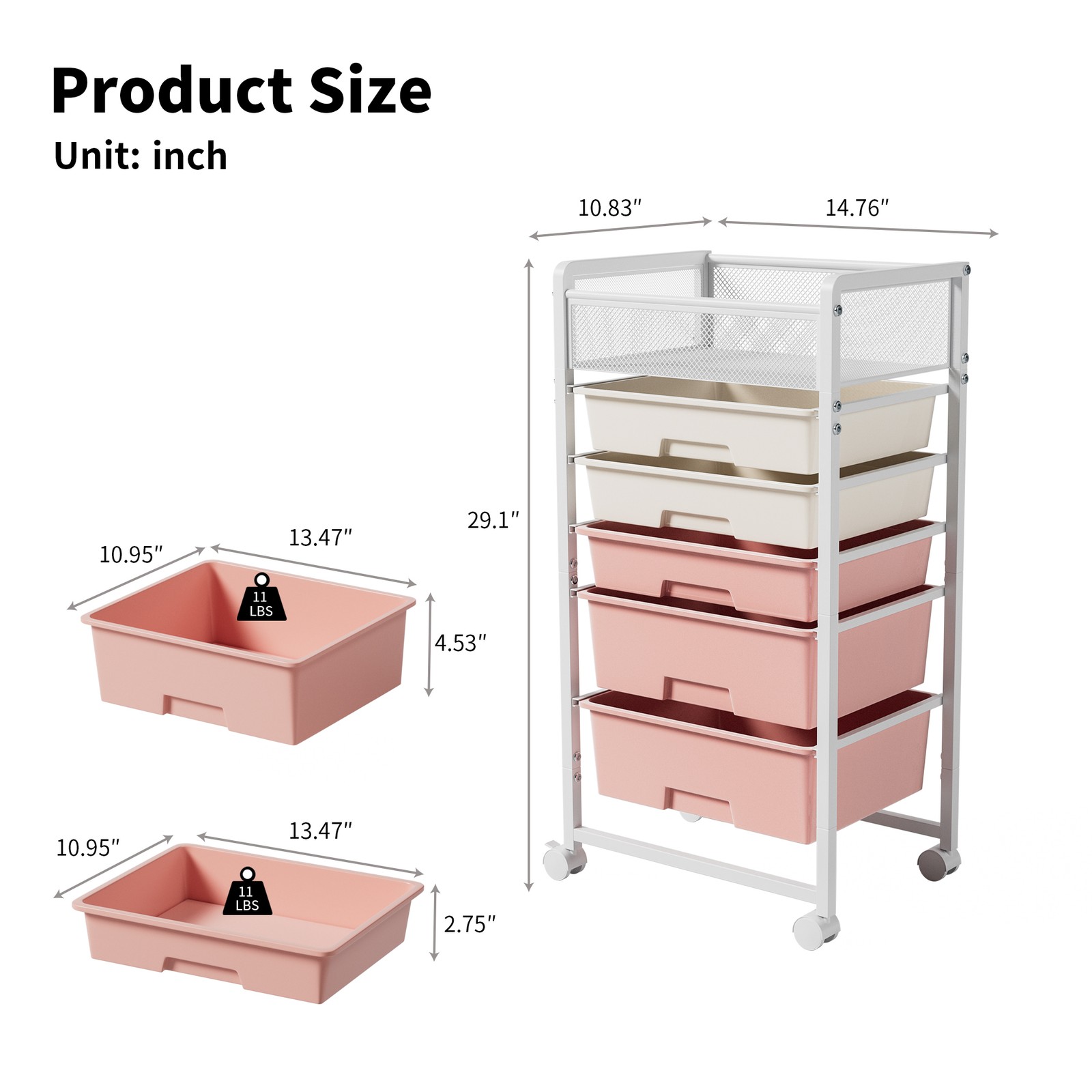 2 Pack 5-Tier Rotating Utility Cart Mobile Metal Storage Organizer Trolley White