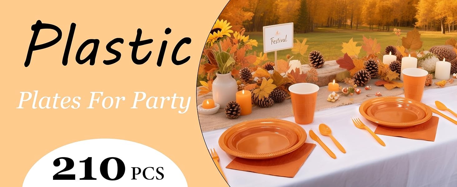 210Pcs Orange Disposable Plates,Plastic Dinnerware Set for Party,Includes: