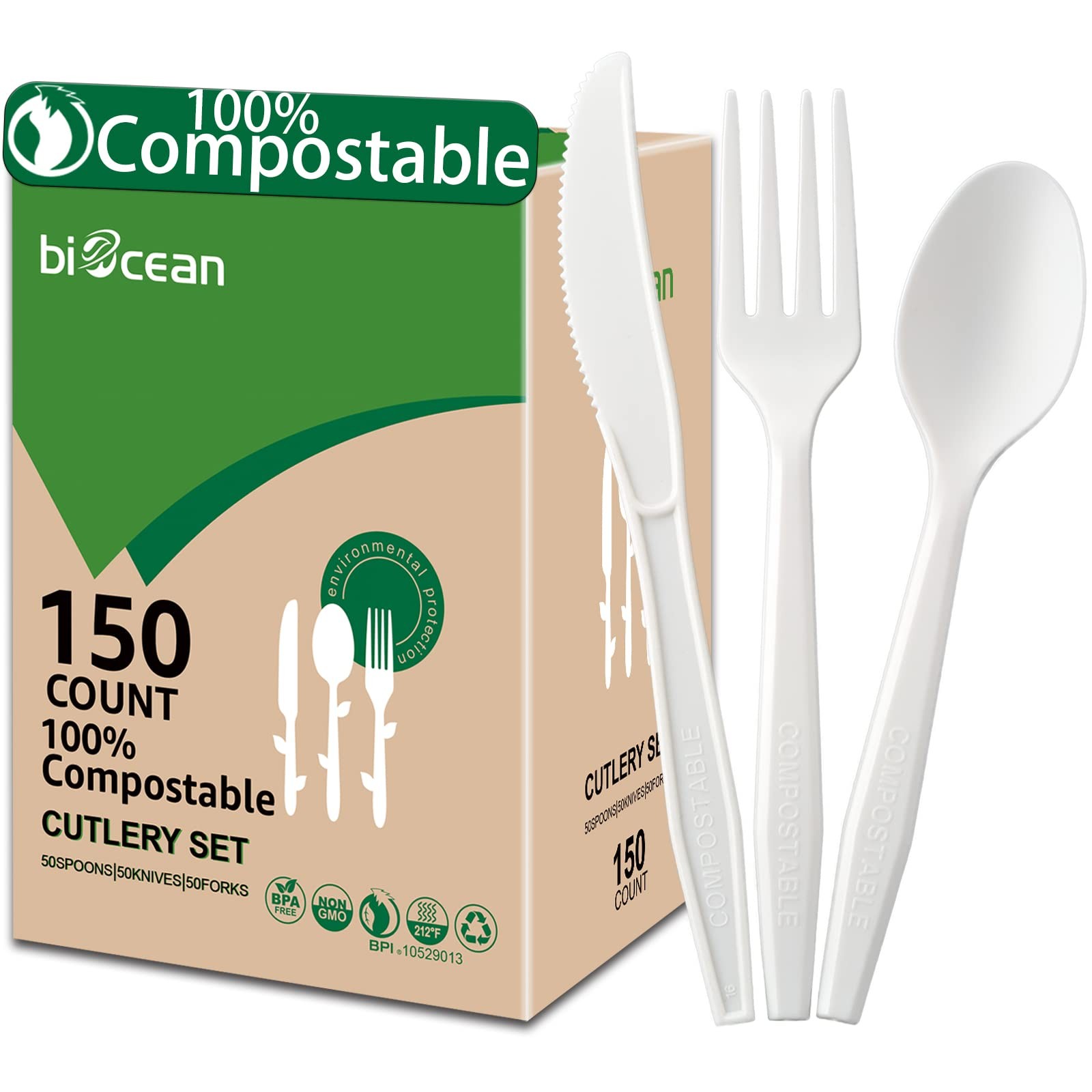 BIOCEAN 100%Compostable No Plastic Knives Utensils Set, Ivory White