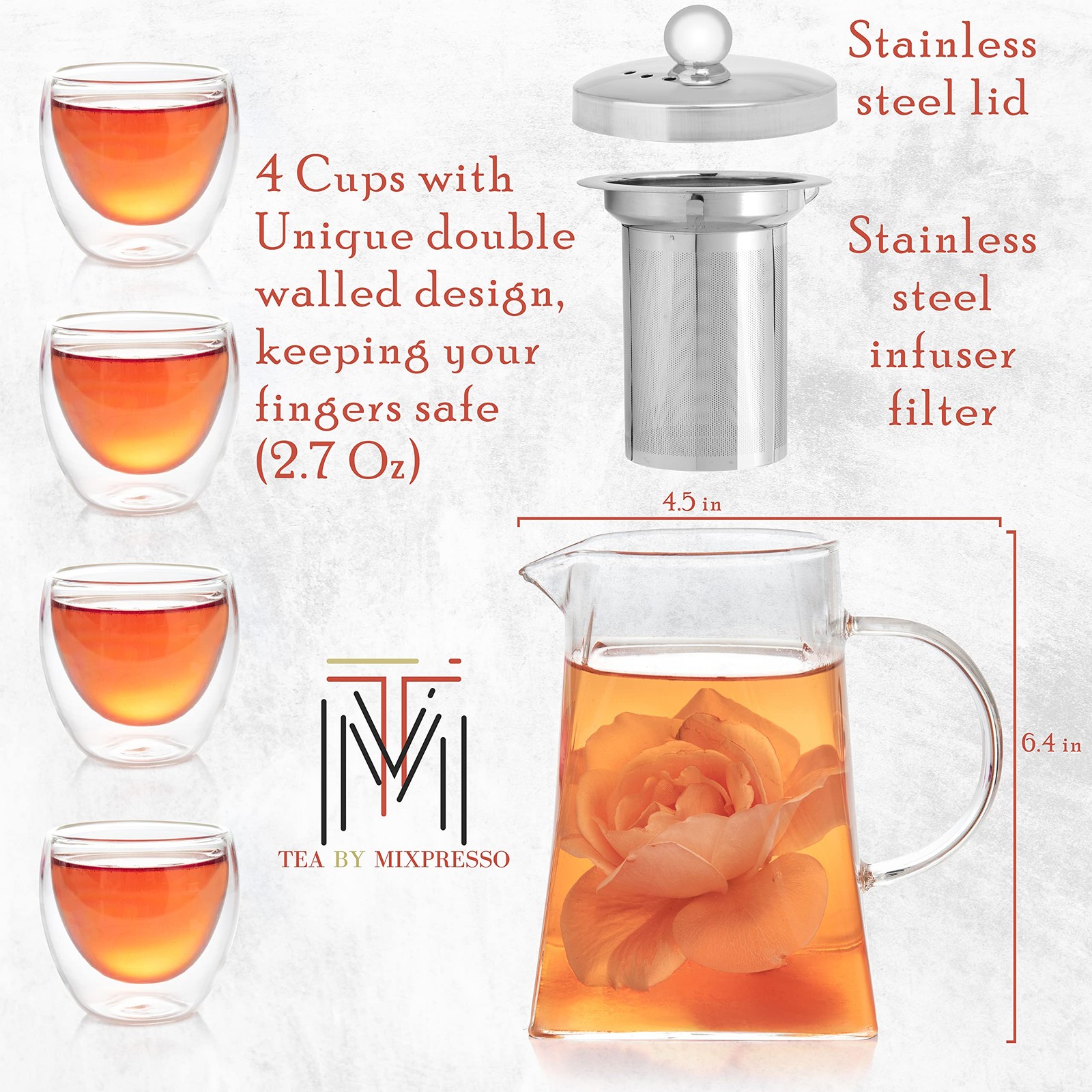 Mixpresso 5 Piece Glass Tea Pot Set, Kettle with Removable Infuser, Clear Glass