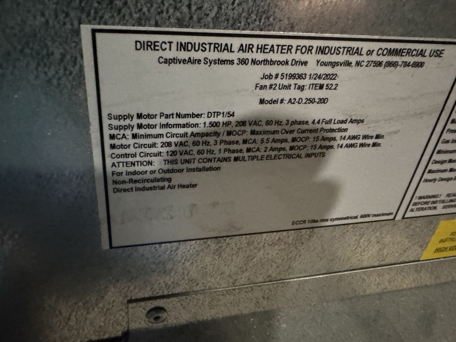 Captive Air Heated And Cooled Return Air Fan For 12’-14’ Hood