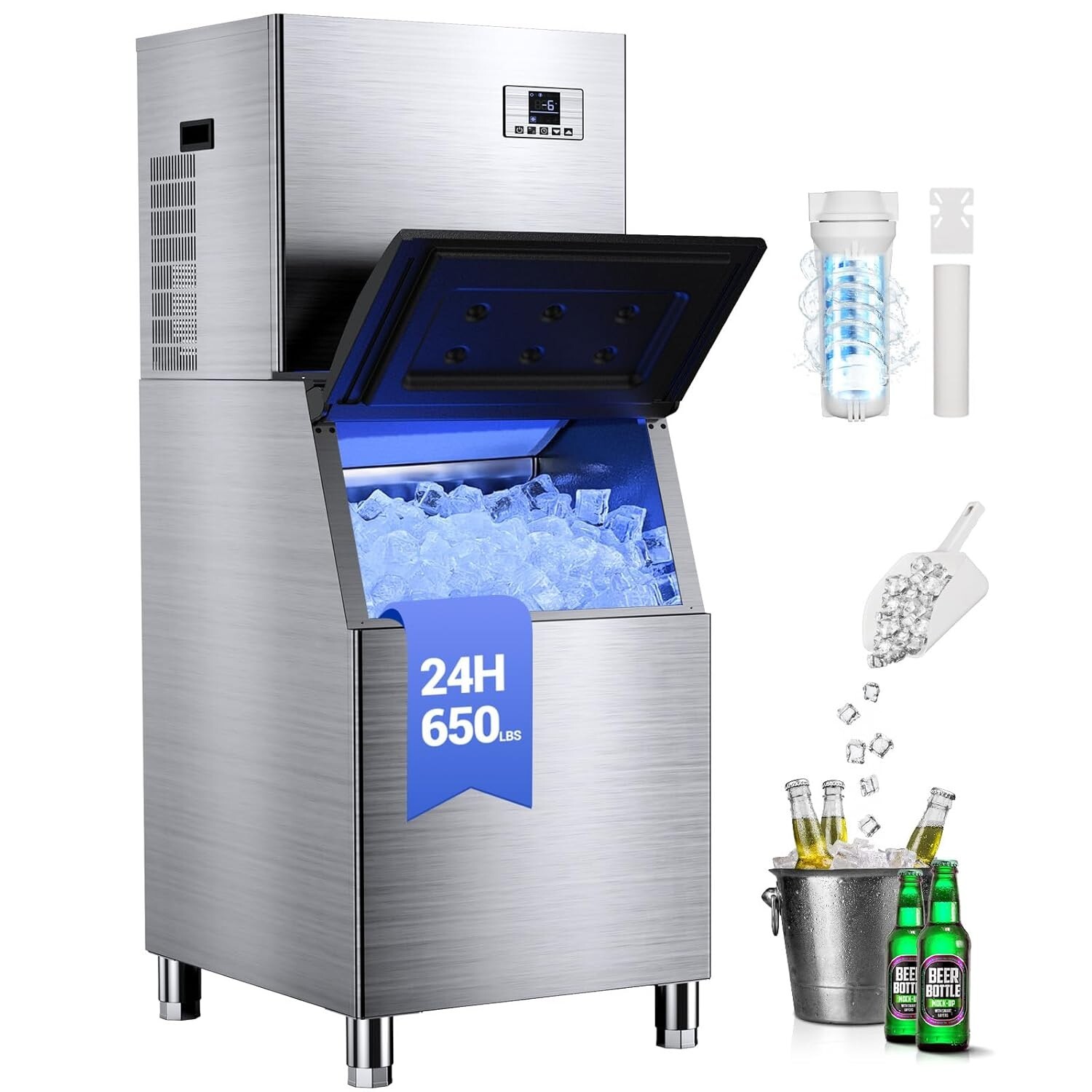 Commercial Ice Machine 650LBS/24H with 400LBS Storage Bin, Industrial Ice Maker