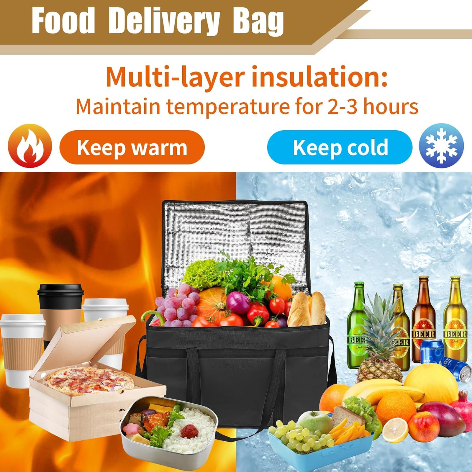 Insulated Food Delivery Bag Large Capacity Cooler Bag Keep Food Warm Collapsible