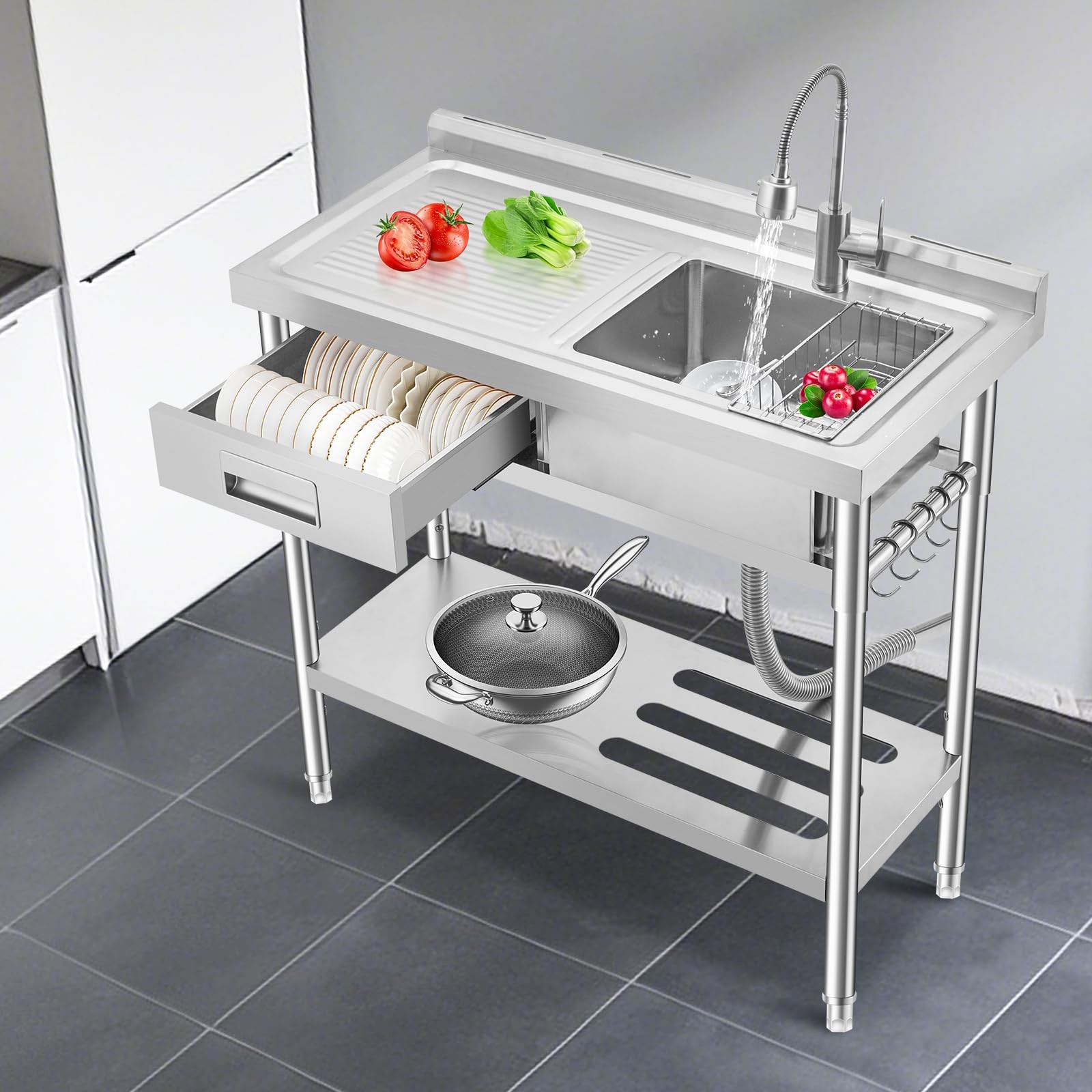 39.4×23.6×31.5″ Stainless Steel Commercial Utility Sink Single Bowl with Drawer