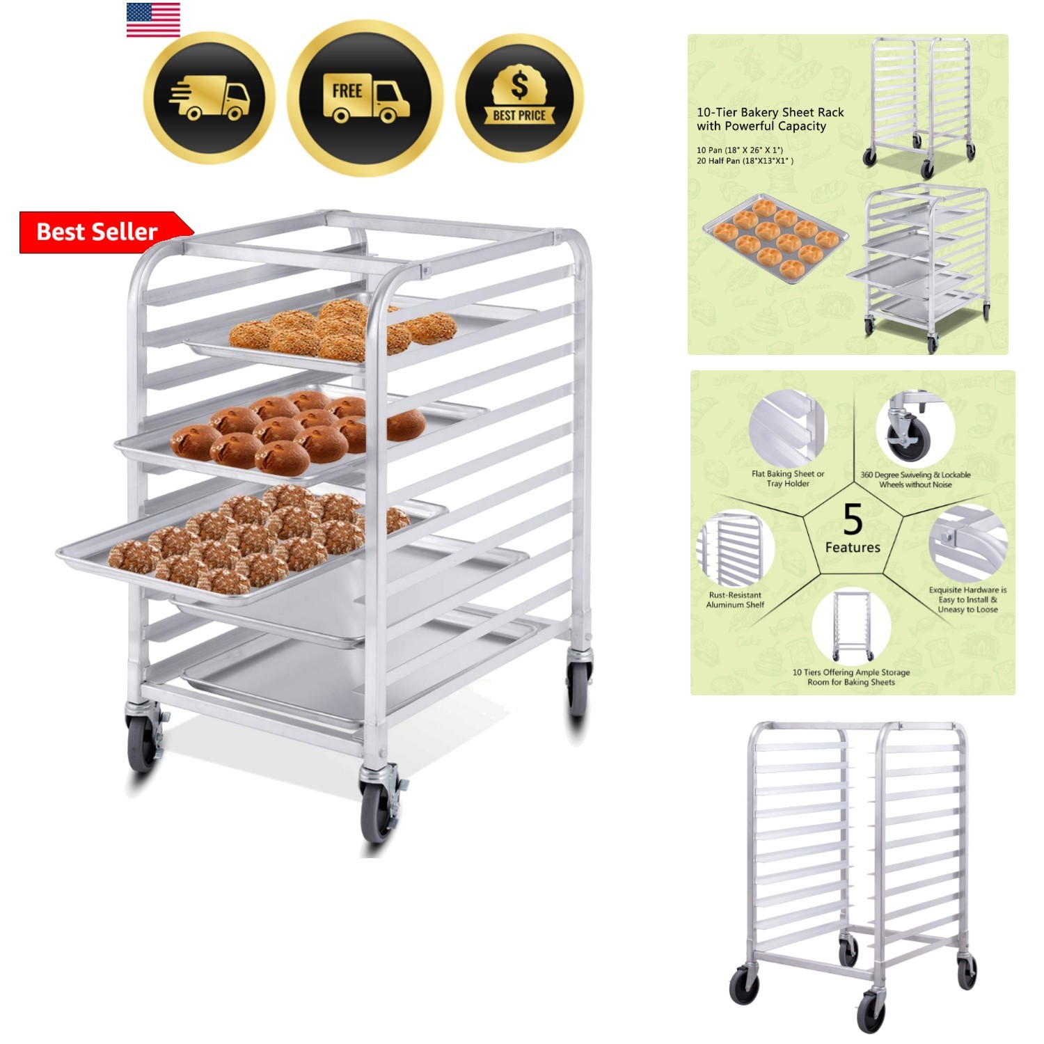10 Tier Aluminum Bakery Rack, Commercial Kitchen Bun Pan Sheet Pan Rack, Mobi…