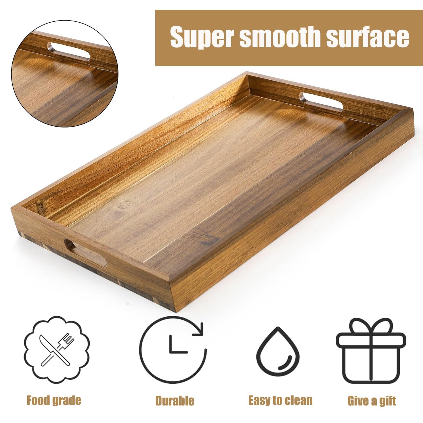 17in Acacia Wood Serving Tray with Handles