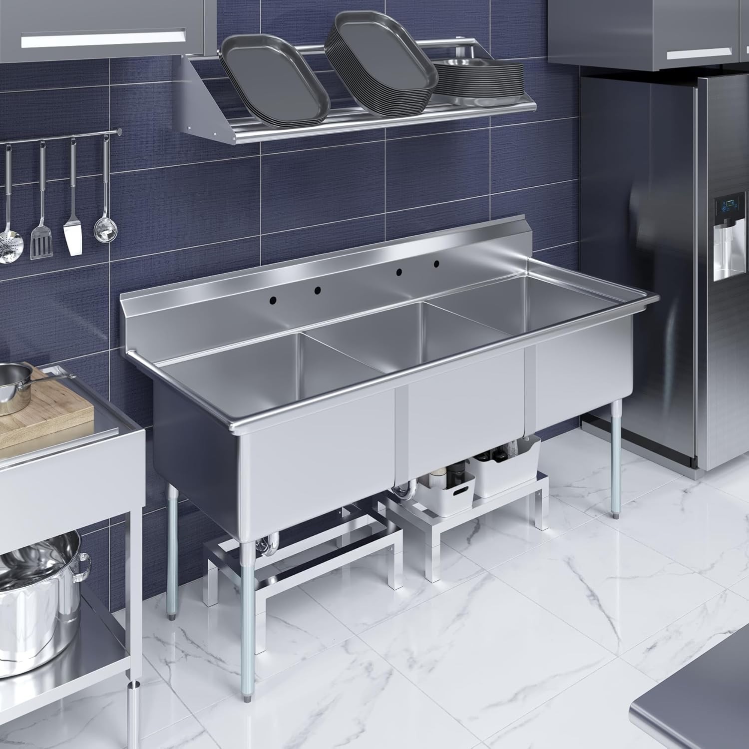 78″ 3 Compartment Stainless Steel Commercial Sink | 24″x24″x14″ Bowls | NSF