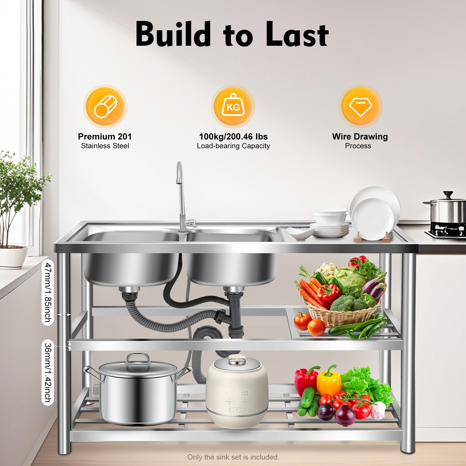 Stainless Steel Commercial Sink Utility Sink 2 Compartment Kitchen w/Prep Table