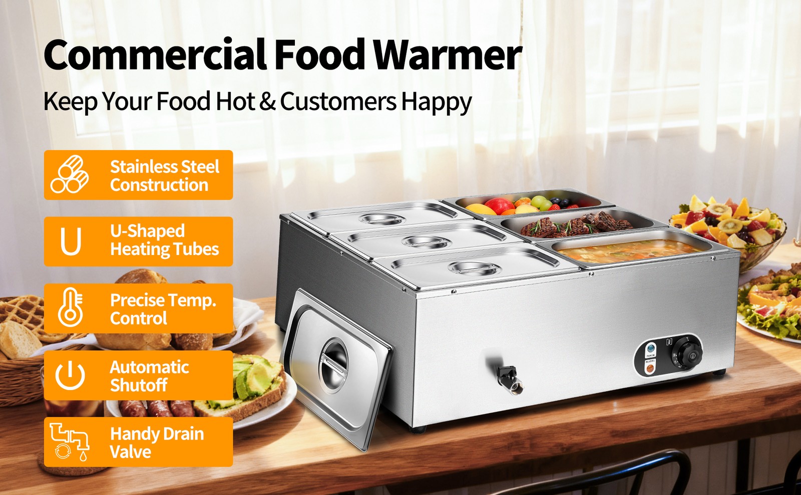 6*6.3qt Commercial Electric Food Warmer Countertop Steam Table Buffet Bain Marie