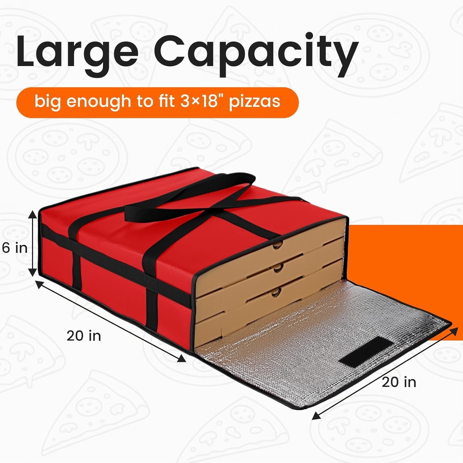 Pizza Delivery Bag with Triple-Layer Insulation – 20″ x 20″ x 6″ for Hot Meals