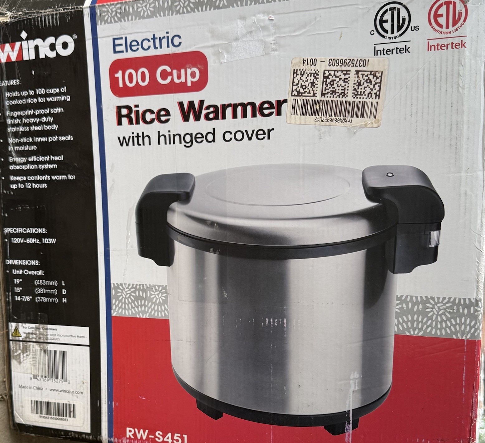 Winco Commercial-Grade Electric Rice Warmer with Hinged Cover, 100 Cup, Silver