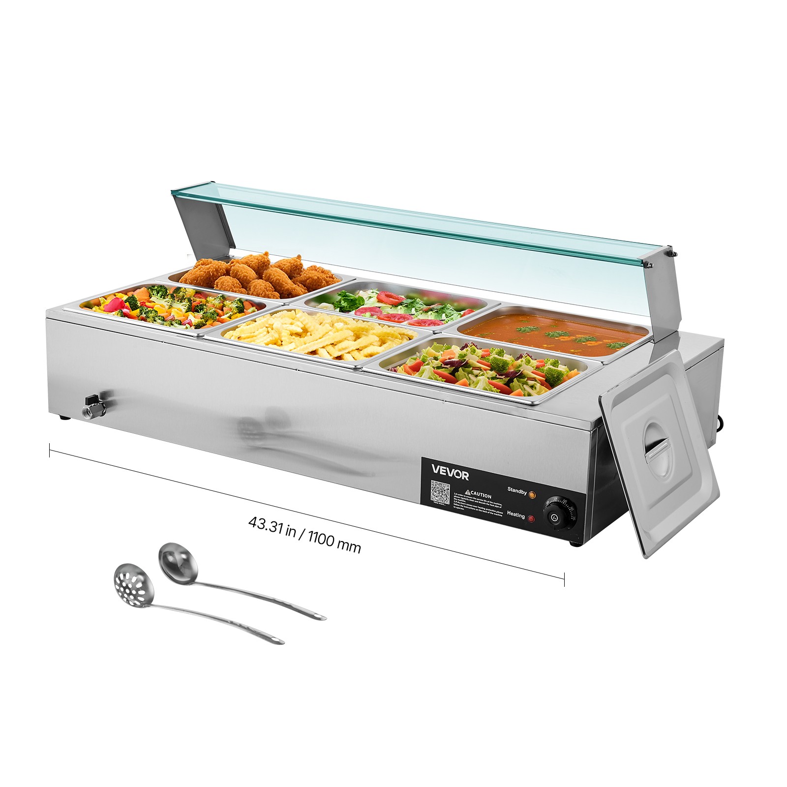 VEVOR Commercial Food Warmer 6x 1/2 Size Pans Buffet Bain Marie with Glass Cover