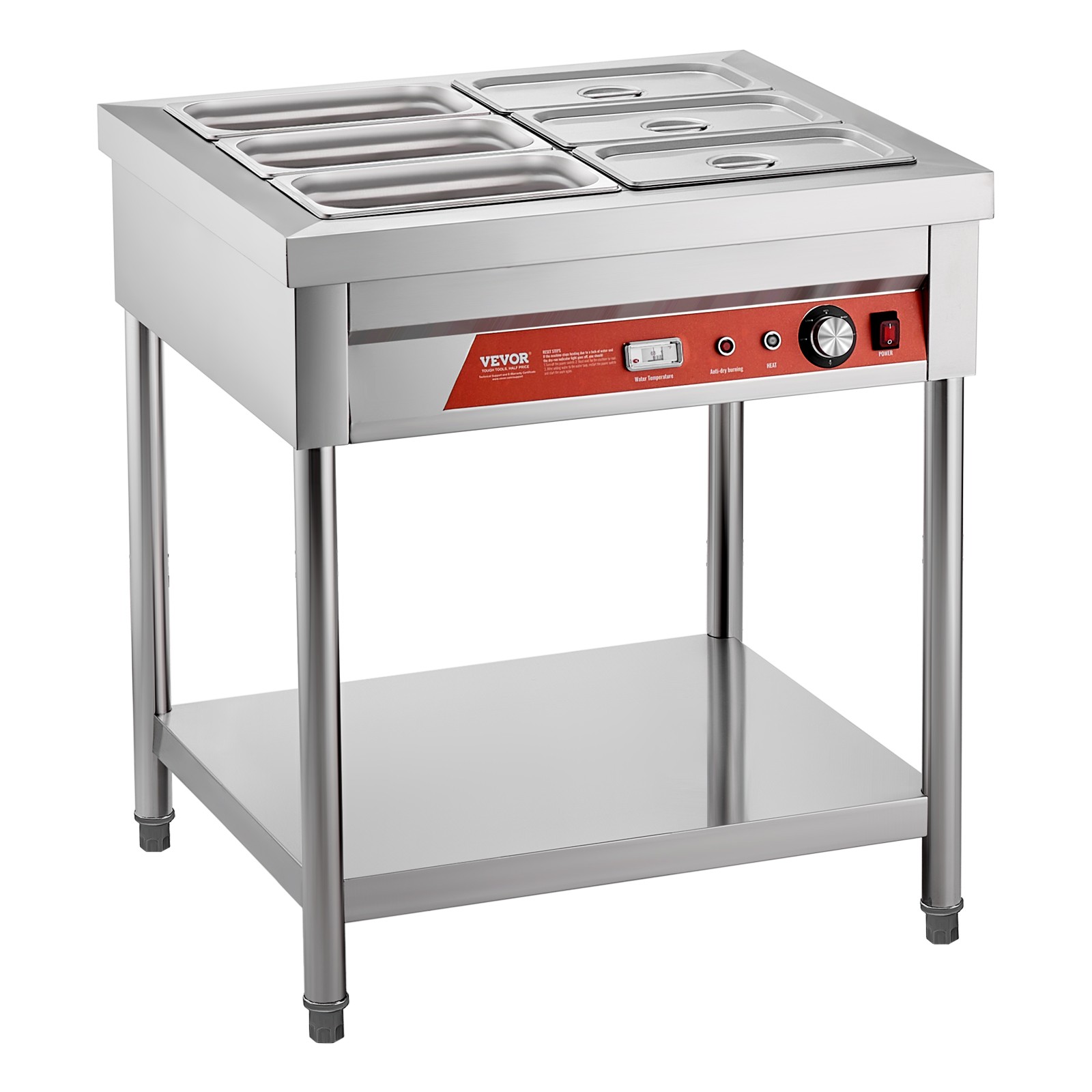 VEVOR 6 x 1/3 Pans Commercial Food Warmer Electric Steam Table with Undershelf