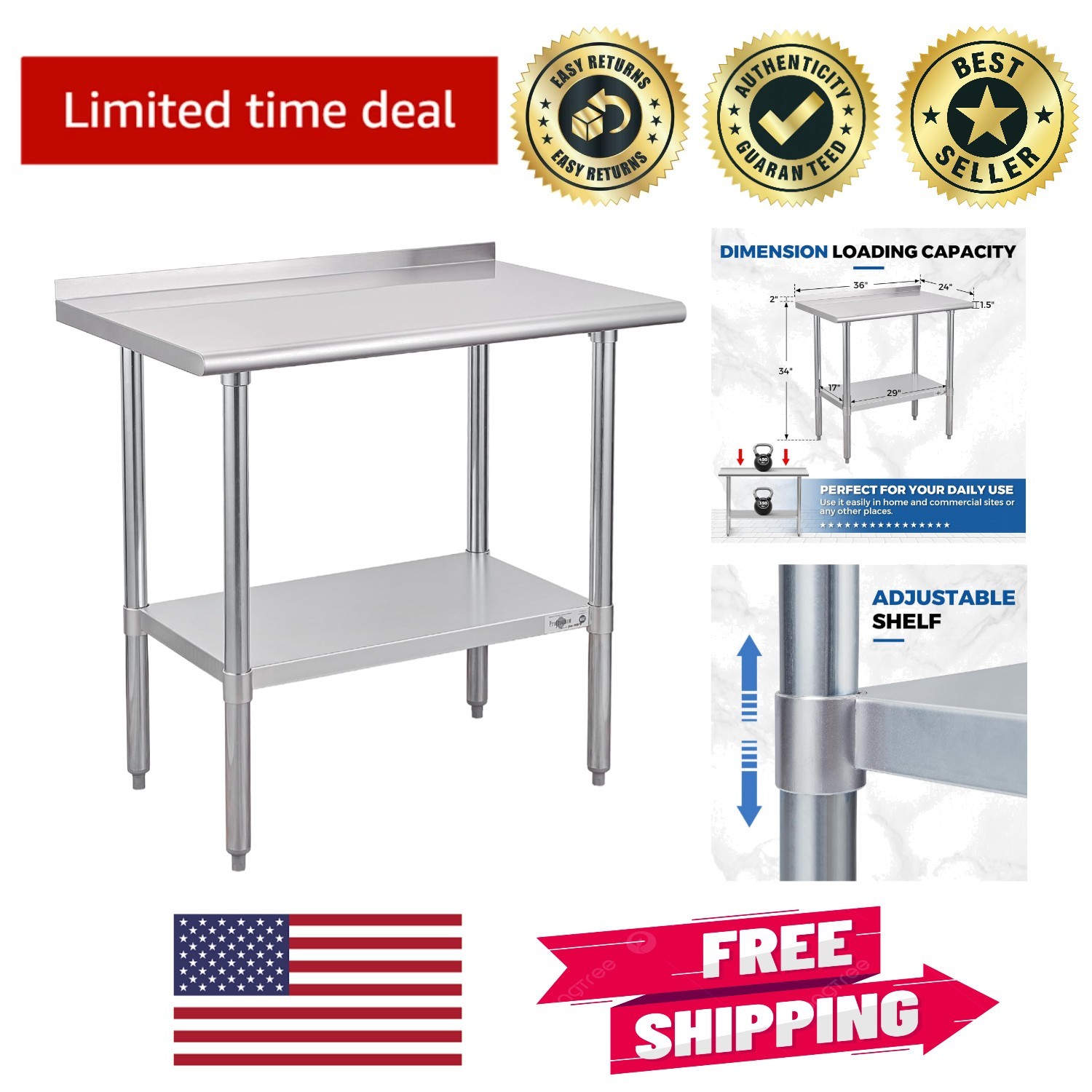 36×24 Inch Stainless Steel Prep Table – NSF Certified Work Table with Undershelf