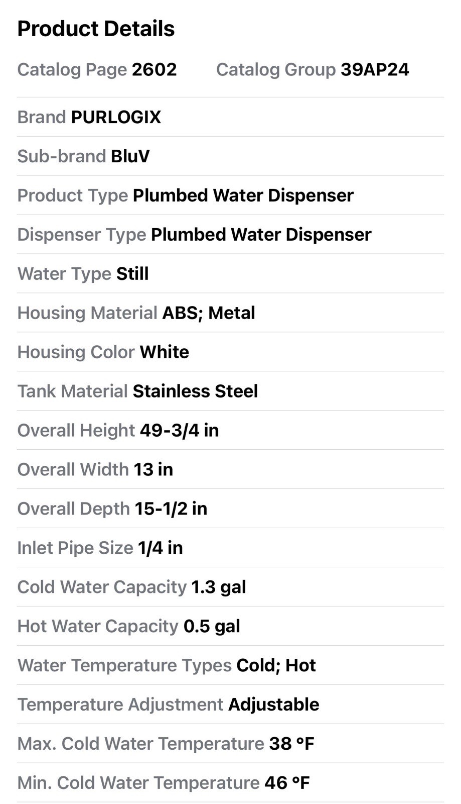 PURLOGIX BluV-MPW Plumbed Water Dispenser, H 49 3/4 in 39AP24 New Box Torn Side