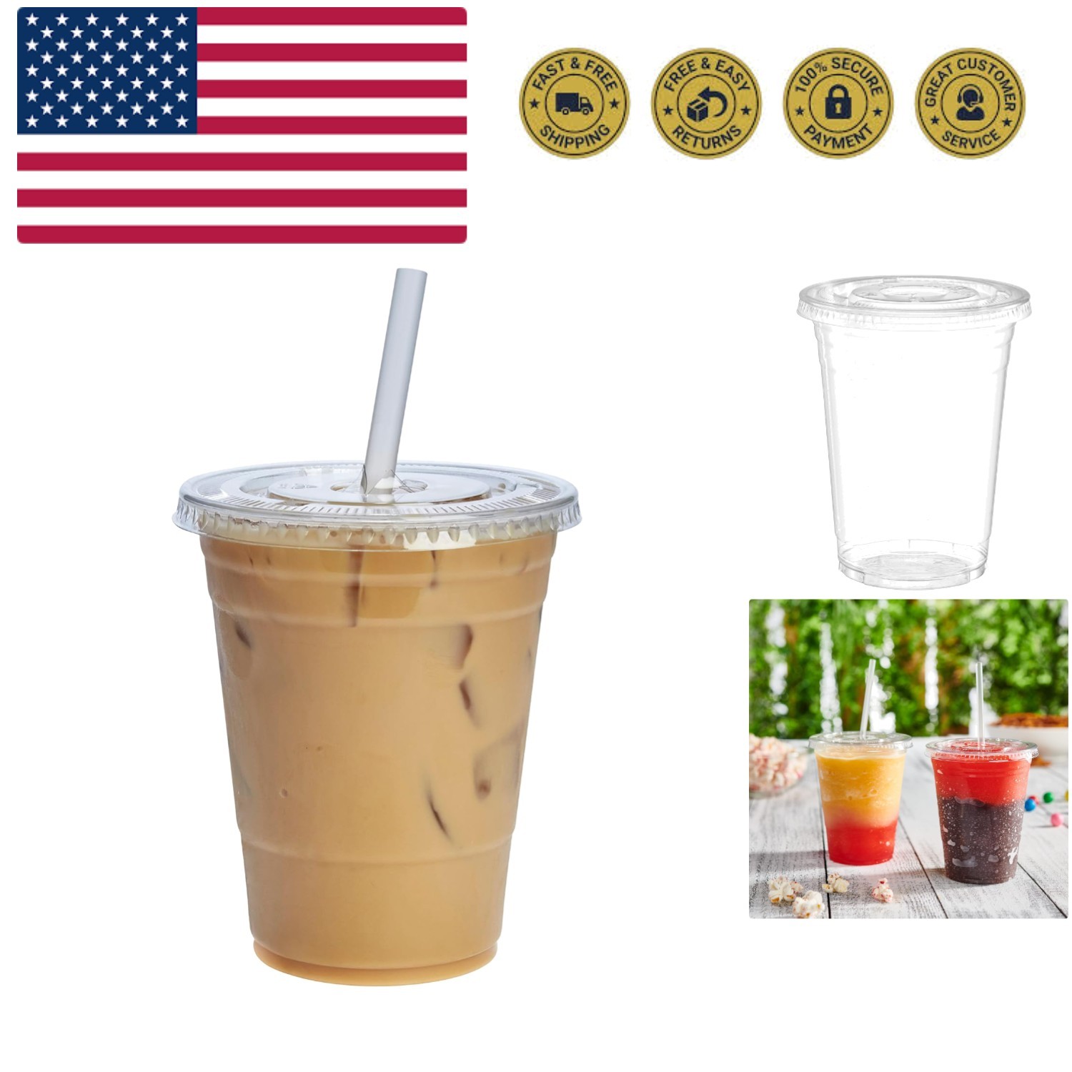 Clear Plastic Cups with Flat Lids [16 oz – 50 Count] – Disposable Iced Coffee…