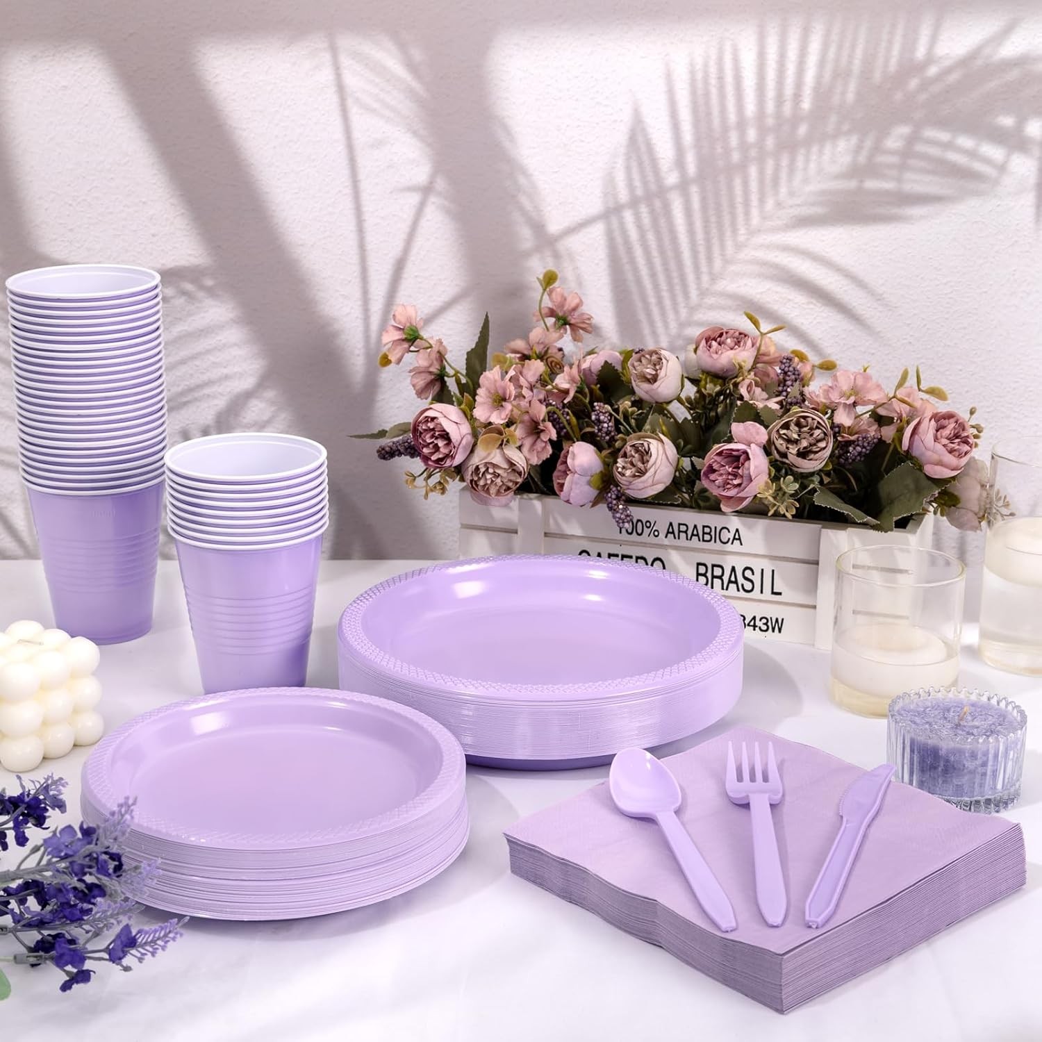 210Pcs Lavender Plates,Light Purple Plastic Dinnerware Set,Party Supplies