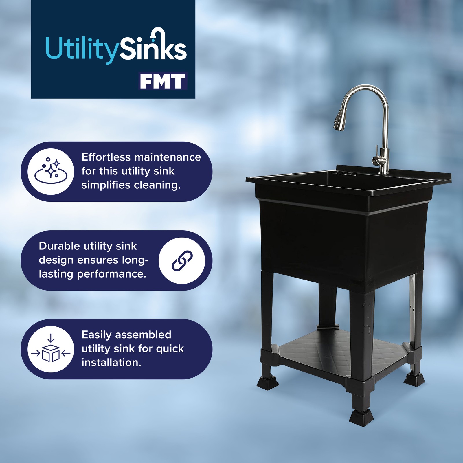 UTILITYSINKS Plastic 24″ Freestanding Compact Workshop Utility Tub Sink, Black
