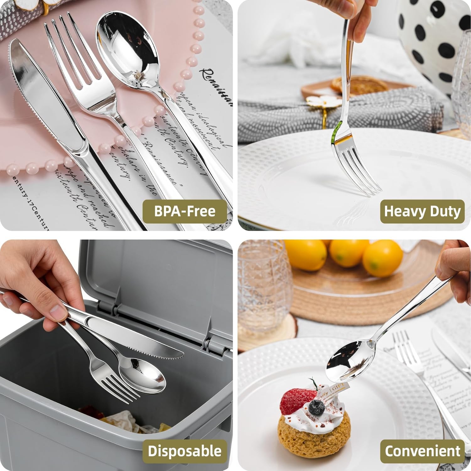 240PCS Sliver Plastic Silverware, Sliver Plastic Cutlery Set Disposable Flatware