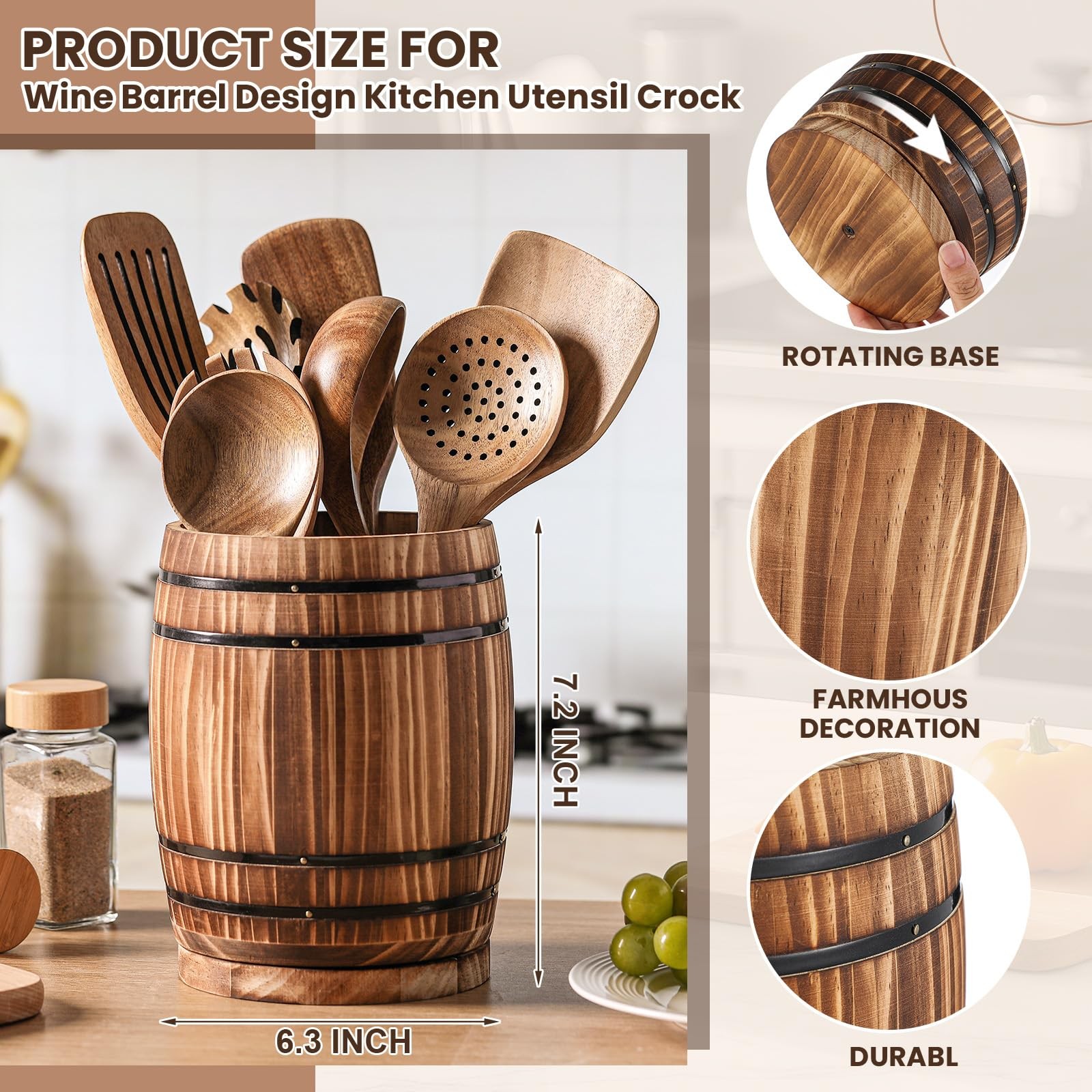 Honeydak Wooden Utensil Holder for Kitchen Counter, 360� Rotating Wine Barrel De