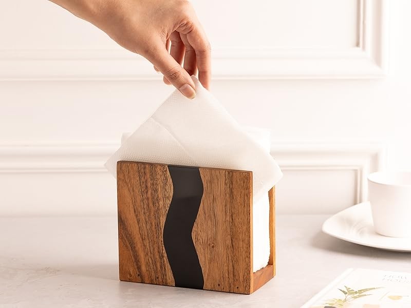 Acacia wood & Transparent Epoxy resin Napkin holder for table, Rustic farmhouse