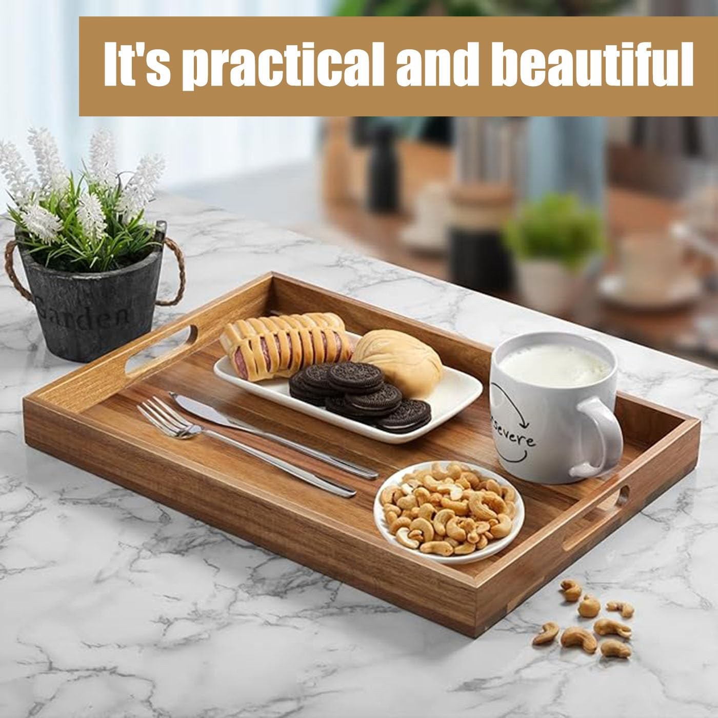 17in Acacia Wood Serving Tray with Handles