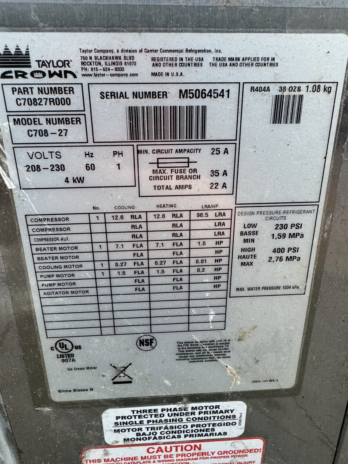 2015 Taylor C708 1 Flav Machine, 208-230v 1 Phase -Water Cooled-Complete-Working