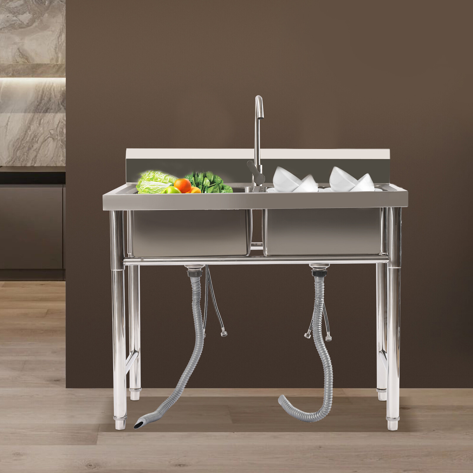 Commercial Utility Sink 2 Compartment Stainless Steel Basins Prep Sink w/ Faucet