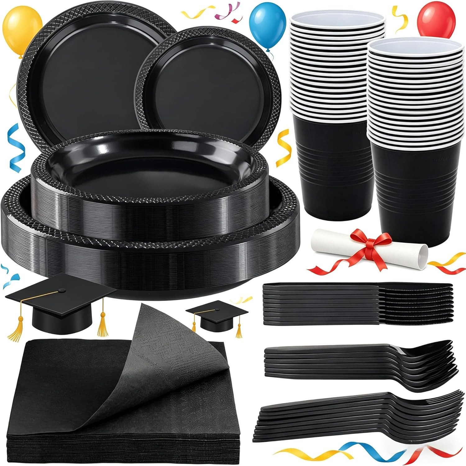 210 PCS Black Plastic Plates for 30 Guests – Disposable Dinnerware Set Including