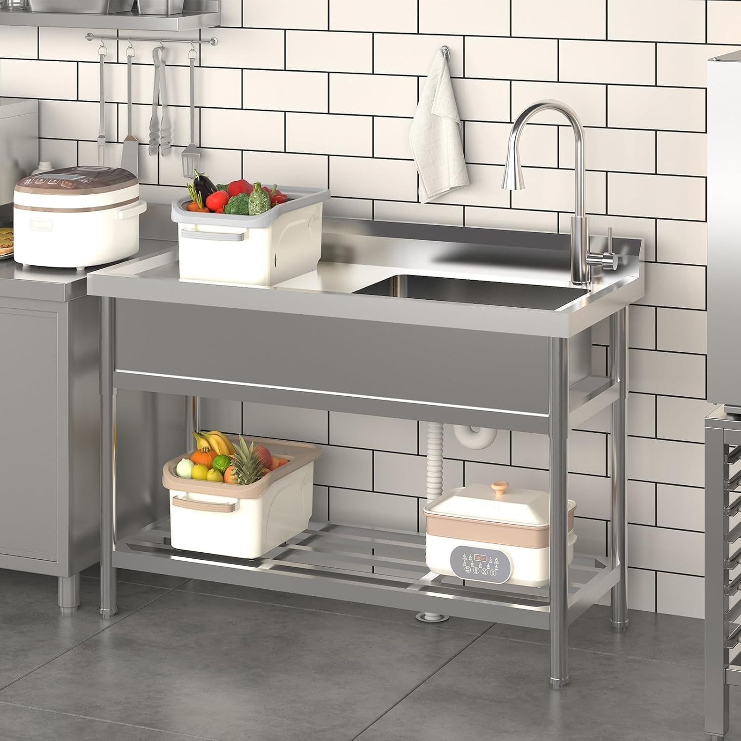 47″x37″x42.5″ Stainless Steel Utility Sink W/Hot & Cold Water Faucet,Garden Sink