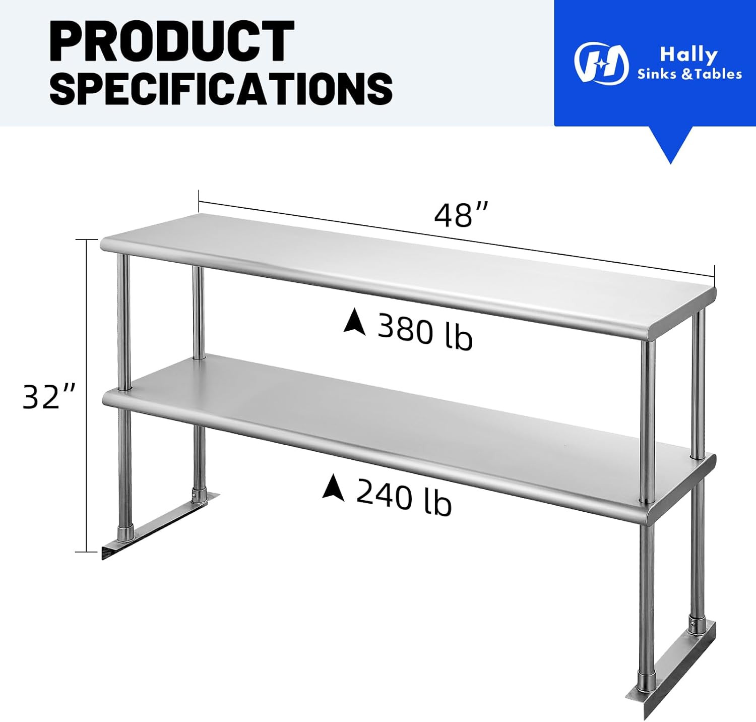 Hally Double Overshelf of Stainless Steel 12» X 48» Weight Capacity 380Lb, Co