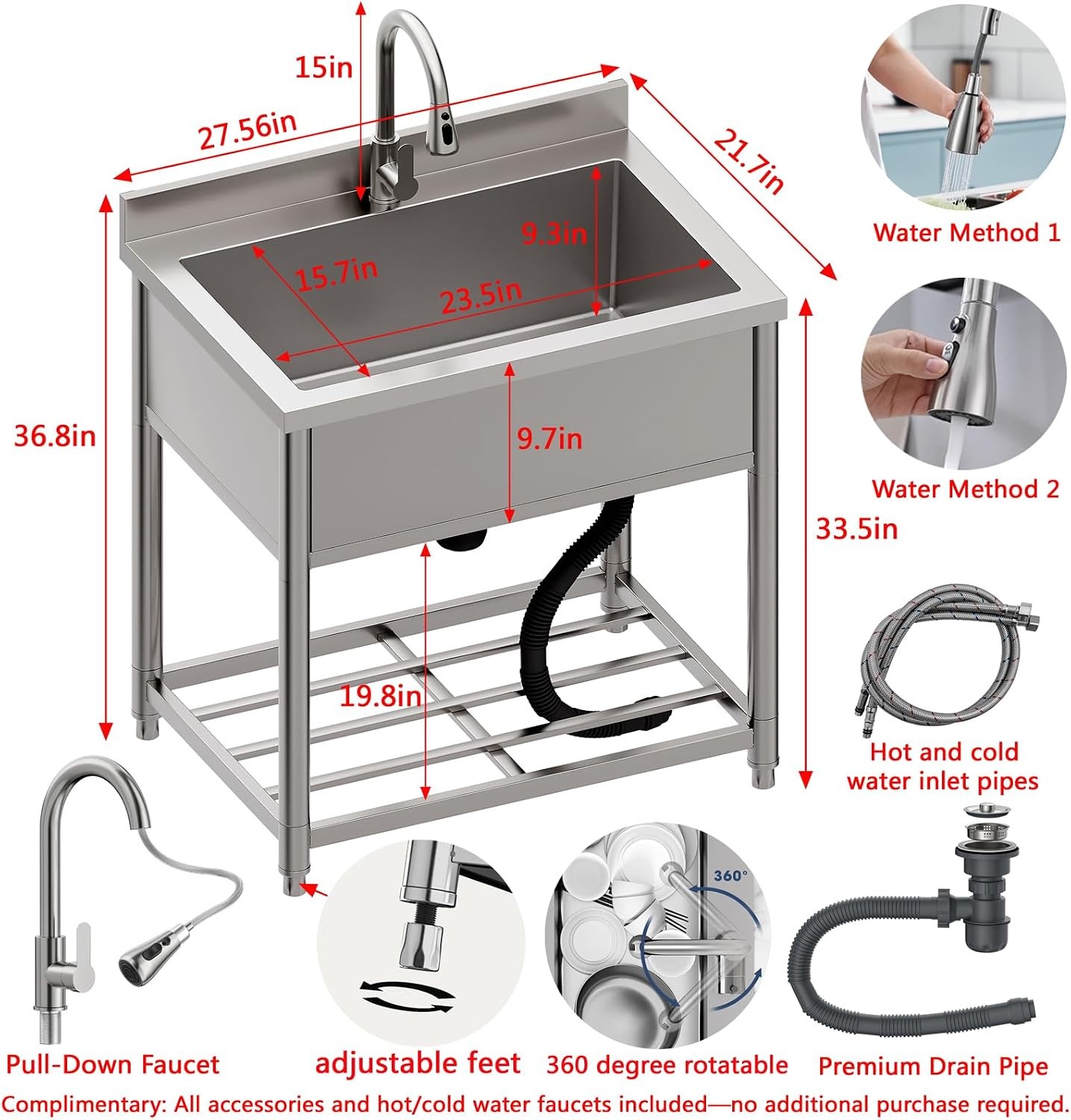 TRINITY Stainless Steel Utility Sink with Pull-Out Faucet